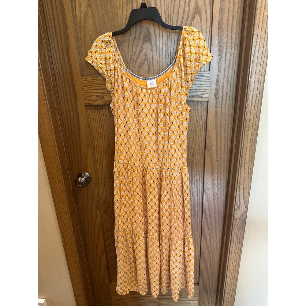 Knox Rose Mustard Yellow White Geometric Tiered Midi Dress Pockets Womens Large